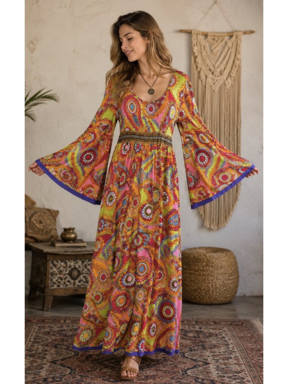 HANDMADE Hippie Artsy Boho Flower Power Maxi Dress Bell Sleeves Retro Festival